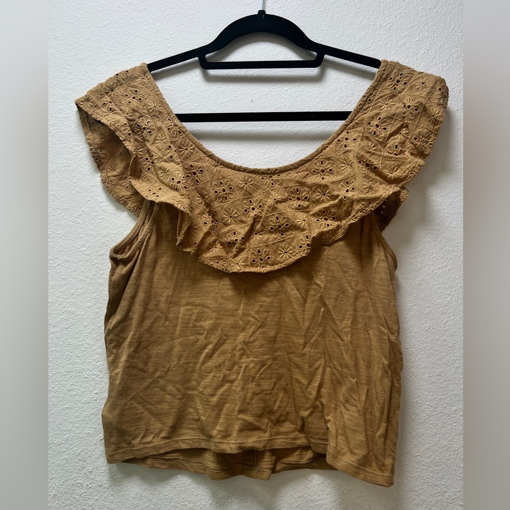 American Eagle Outfitters Tan Flutter Sleeve Blouse with Ruffled Bib Collar - Picture 2 of 5